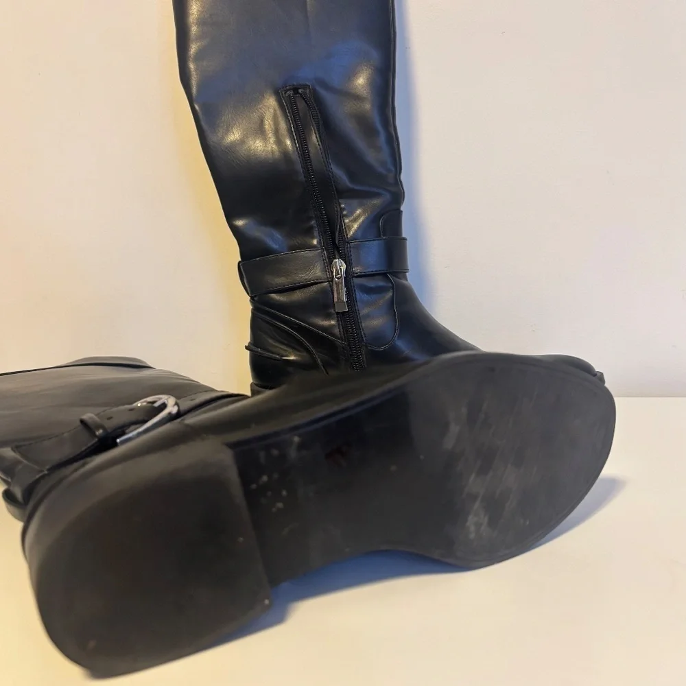 Zara Trafaluc Vegan Faux Leather Knee High Zip Up Buckle Riding Boots Black 5.5